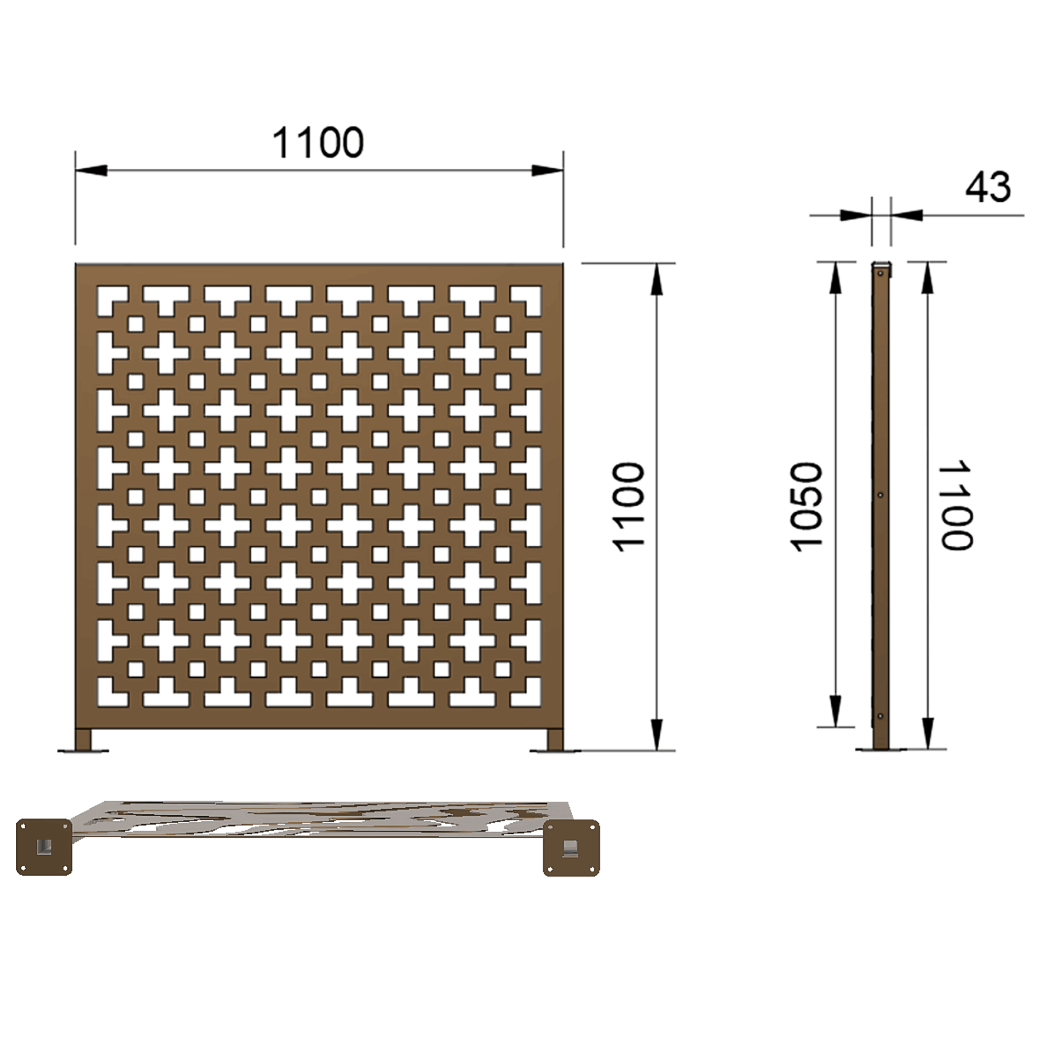 1.1 m high fence / screen wall with a graphic pattern that can be illuminated (privacy balcony, pergola, trellis & wind protection). Welded Corten posts for a minimalistic and exclusive impression.